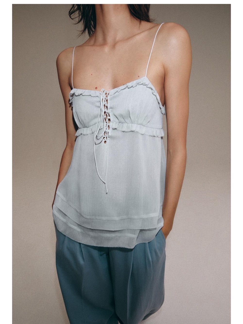 Zara Pale Blue Lace-Up Spaghetti Strap Camisole